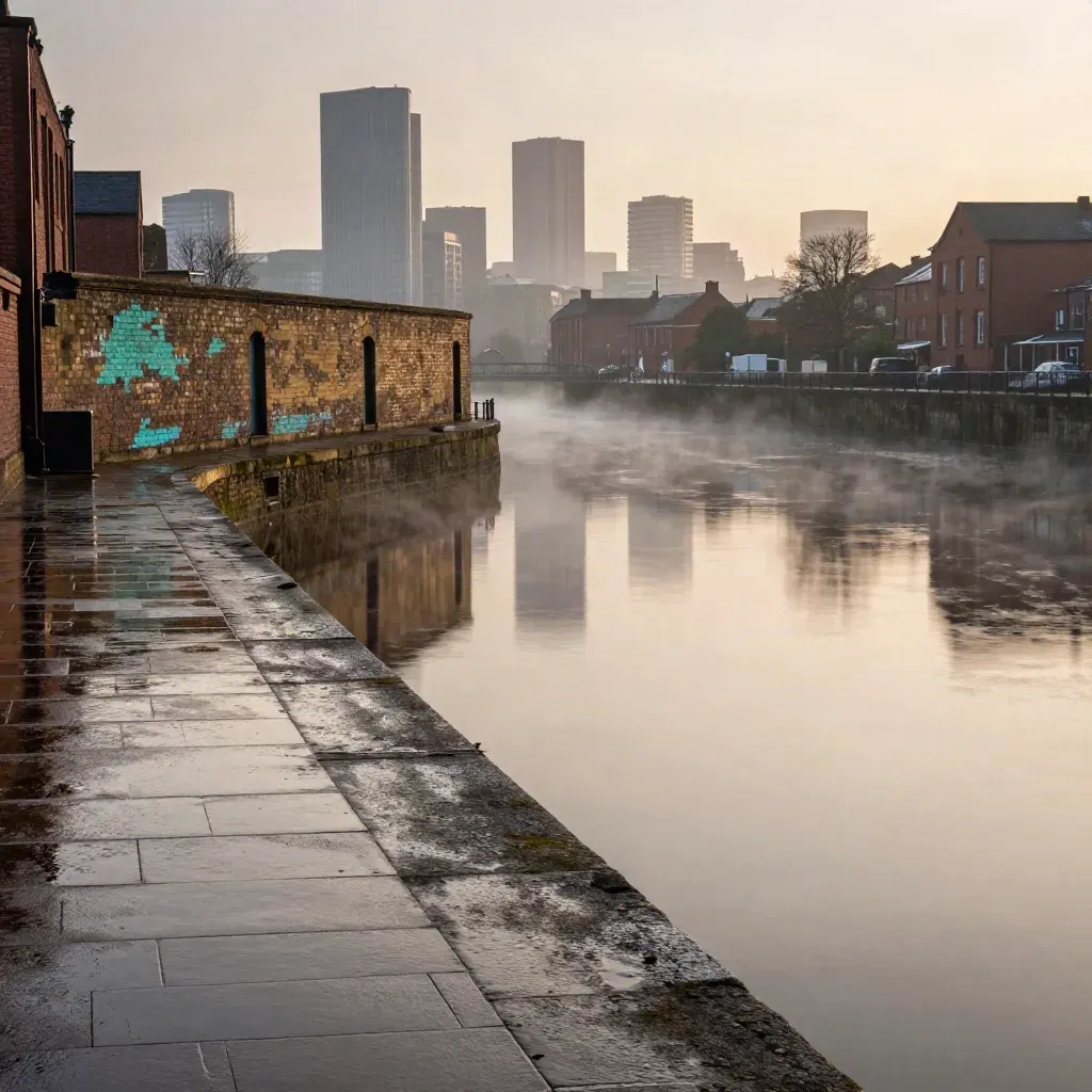 Wet sandstone and canal brick frame a hazy Manchester skyline after rain, glowing softly at dusk.