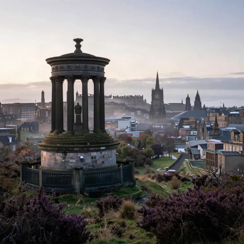 Edinburgh skyline and Arthur’s Seat in mist above calm heather at blue hour