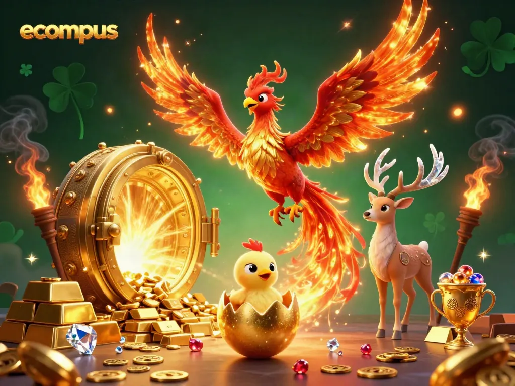 Experience the thrill of ecompus with a phoenix and jewels in a vibrant casino setting.