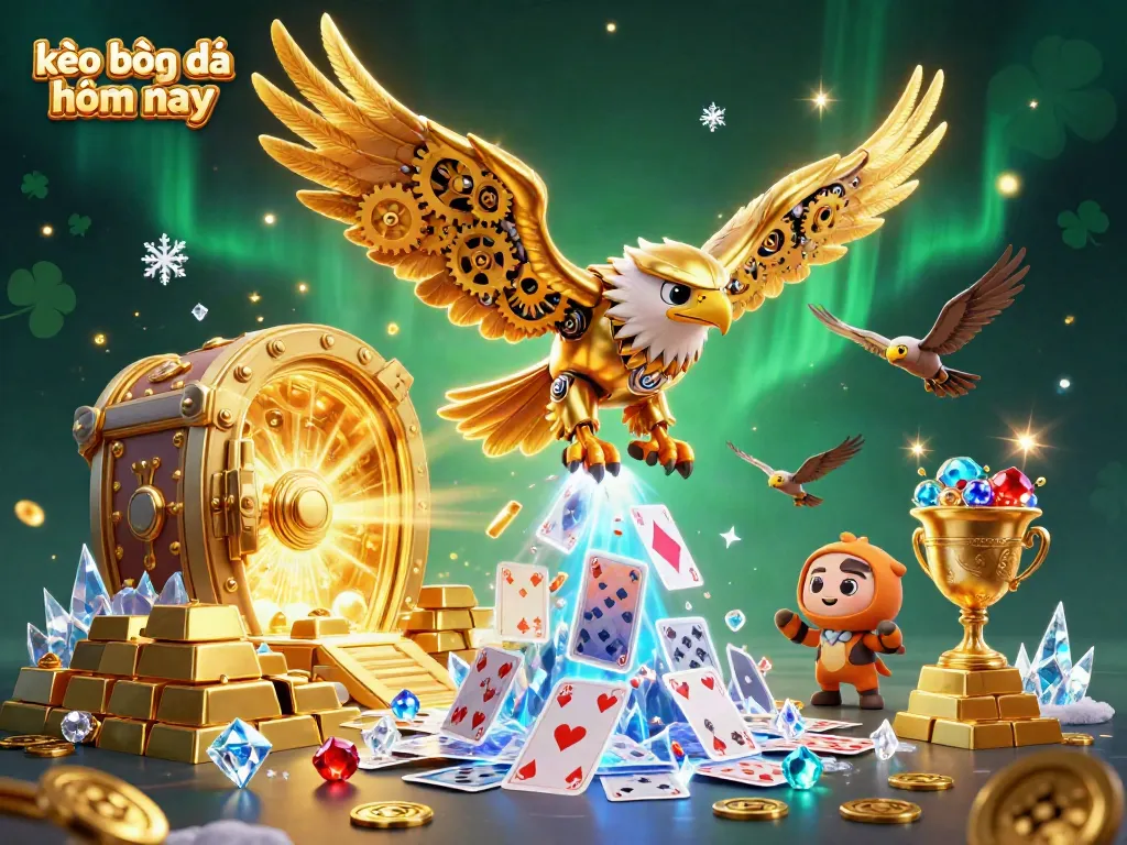 Engage with kèo bóng đá hôm nay showcasing a dynamic 3D cybernetic eagle amidst holographic cards and golden treasures.