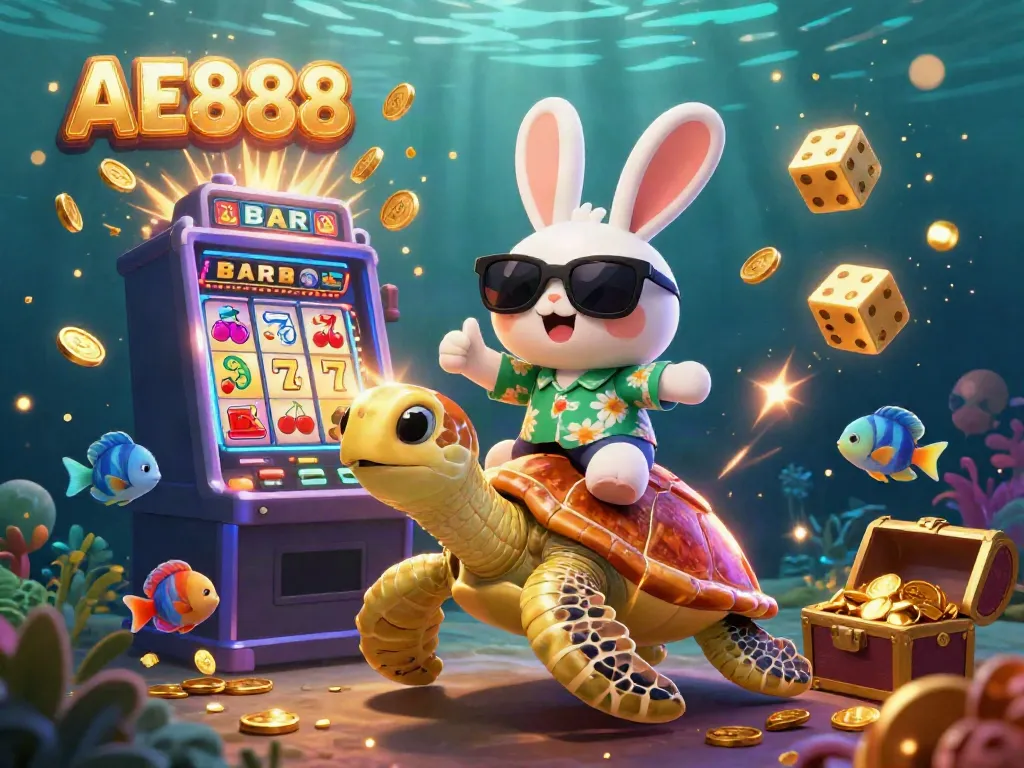 Experience thrilling online gaming with AE888 featuring a lucky rabbit and golden turtle in a dynamic casino scene.