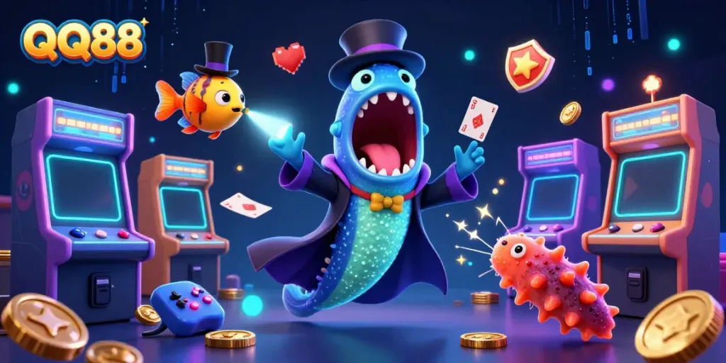 Experience thrilling gambling fun with QQ88's magical scene of winning games and vibrant casino elements.