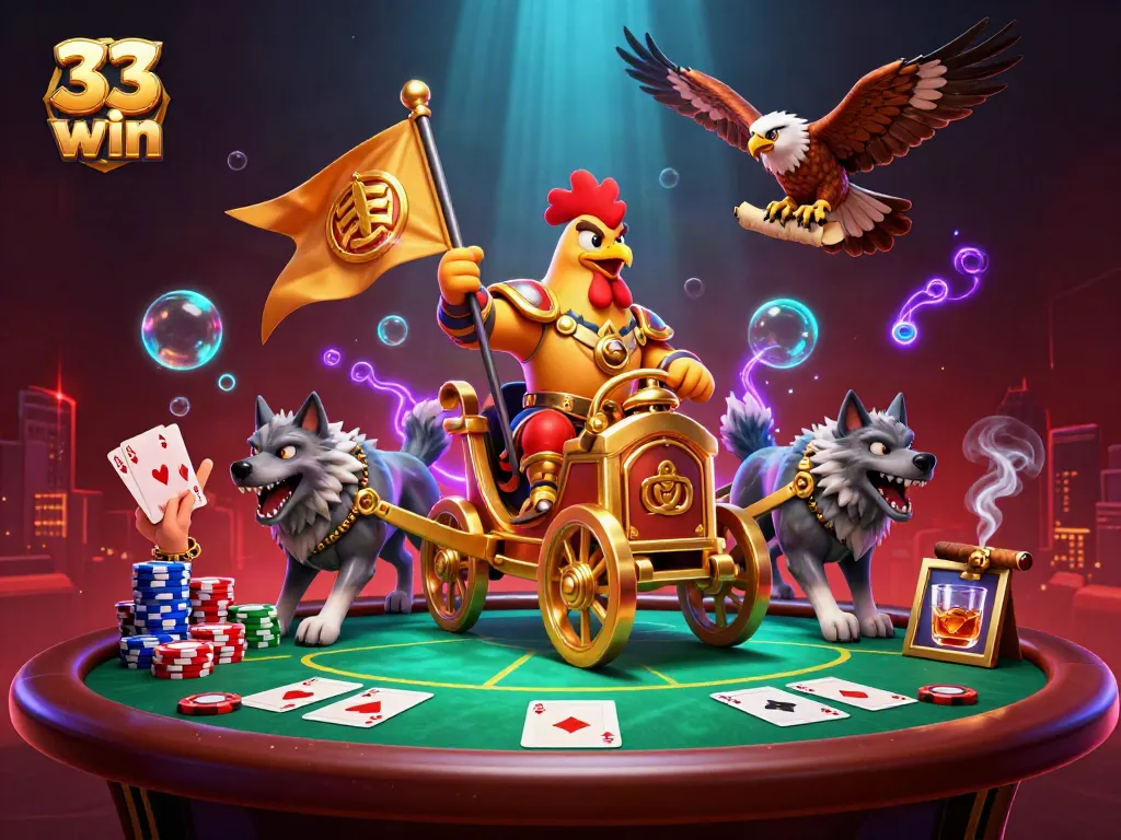 Engage with 33 win in a dynamic casino scene featuring a rooster warlord and poker elements.
