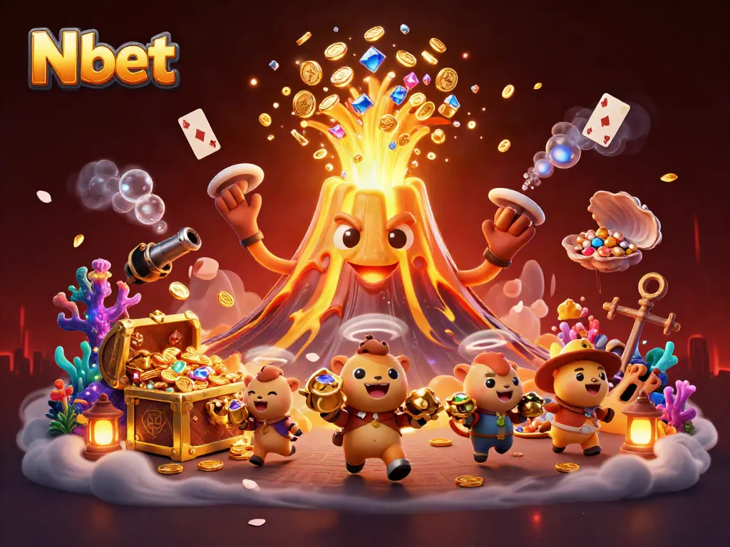 N bet players experience thrilling online casino fun with a golden volcano and treasure in a vibrant scene.
