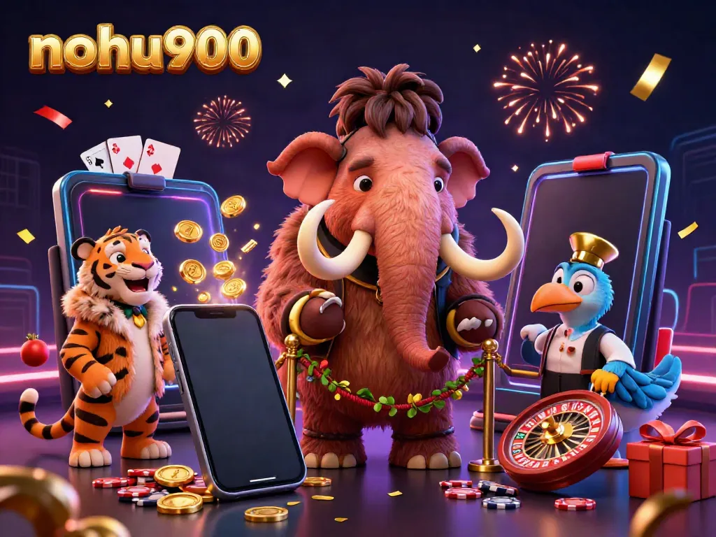Engage in thrilling games at nohu900, featuring vibrant characters and exciting casino elements in a dynamic 3D scene.