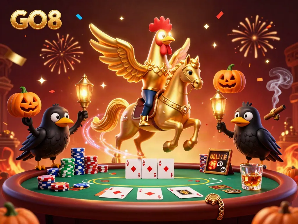 Engage with GO8's thrilling casino experience through a captivating 3D scene of a golden rooster headless horseman in a vibrant poker setting.