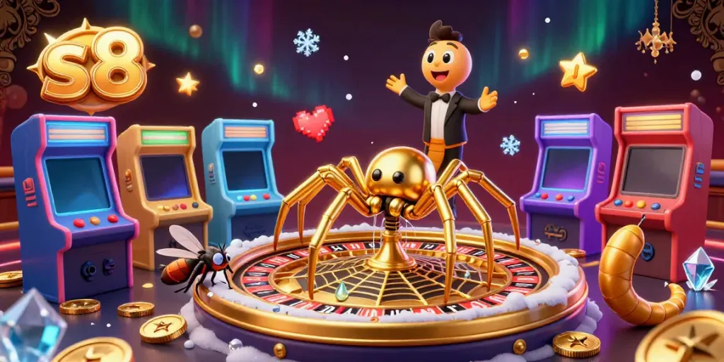 Join the thrilling s8 casino experience with a golden spider croupier and vibrant game elements.