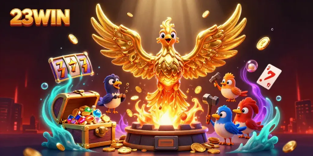 Engage with the thrilling world of 23WIN, a vibrant casino scene featuring a golden phoenix and dynamic game elements.