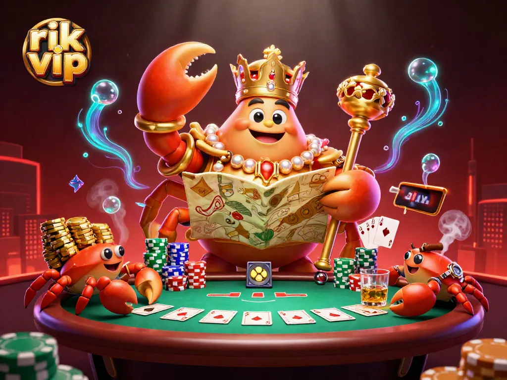 Engage with rik vip's vibrant online gaming world featuring a golden crab emperor amidst dynamic poker action.