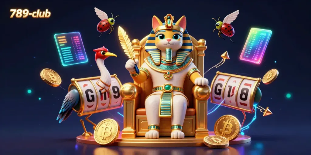 Play exciting 789-club games with a golden Egyptian pharaoh cat and vibrant crypto elements.