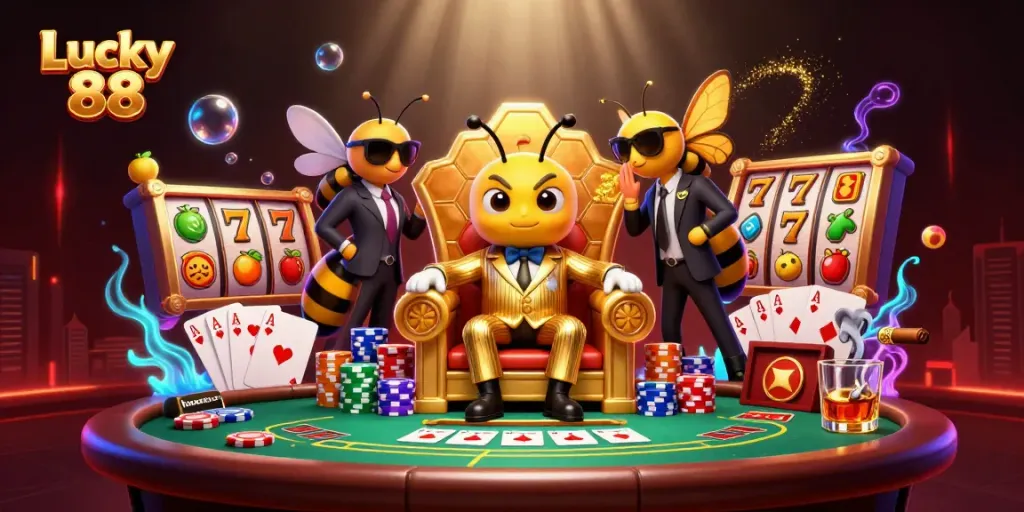 Experience the thrill of Lucky 88 with vibrant slot reels and engaging casino elements in this dynamic illustration.