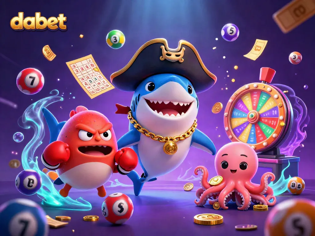 Engage with dabet's lively gaming scene featuring a cartoon shark, pufferfish, and octopus amidst lottery excitement.