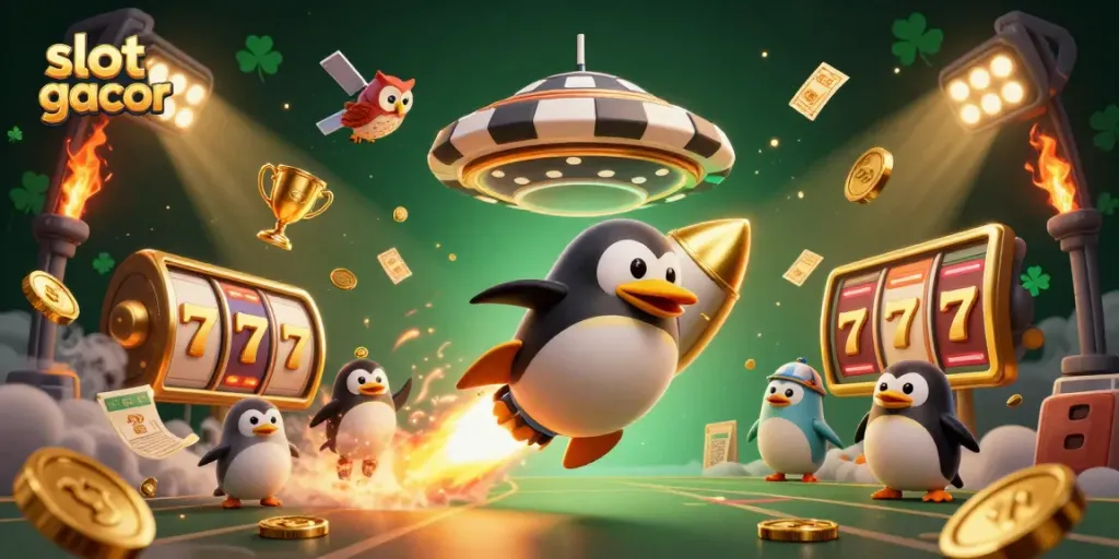 Experience slot gacor excitement with a golden penguin racing toward a casino chip station.