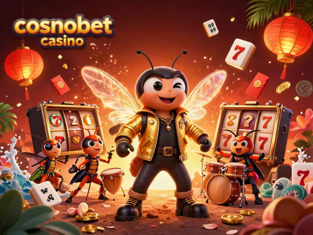 Win big at Cosmobet Casino with vibrant 3D illustration of exciting slot games and energetic characters.