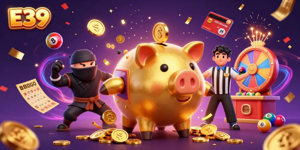 E39 platform features a dynamic illustration of a golden piggy bank sumo wrestler surrounded by colorful lottery elements and gaming excitement.