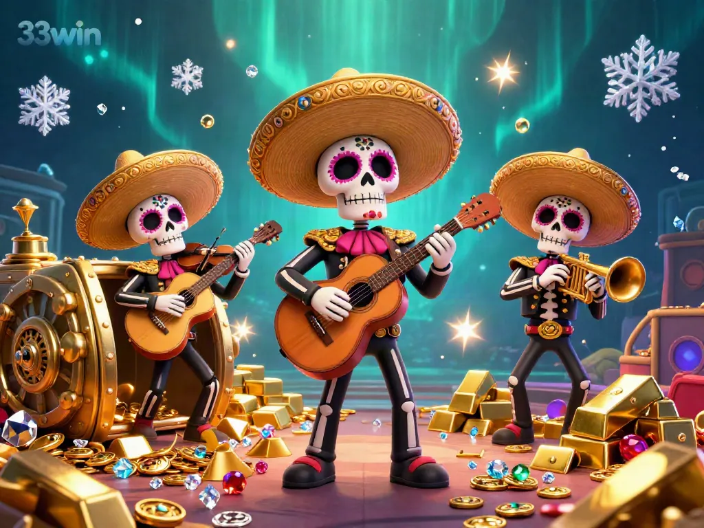 Engage in thrilling gaming adventures with 33win's mariachi celebration amidst treasure and jewels.