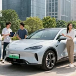 Dynamic urban scene illustrating EV technology with diverse individuals interacting around a modern electric vehicle at a charging station.