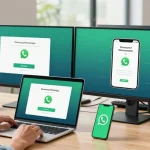 WhatsApp下載 page displayed on dual monitors in a modern tech workspace with a user engaged in downloading.