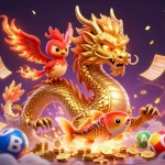 Engage in thrilling gaming with ok65, featuring a dragon, phoenix, and koi in a vibrant casino scene.