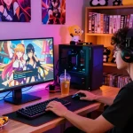 Immersed gamer enjoying a hentai game online in a vibrant gaming lounge.