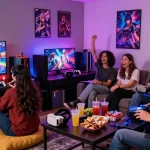 Engaging scene of friends playing a trans hentai game in a lively gaming room.