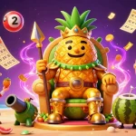 PZH engages players in a vibrant casino world with a golden pineapple king, coconut guards, and lively game elements.
