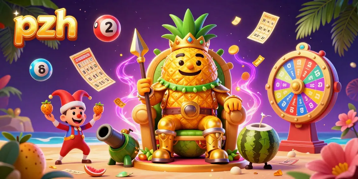 PZH engages players in a vibrant casino world with a golden pineapple king, coconut guards, and lively game elements.