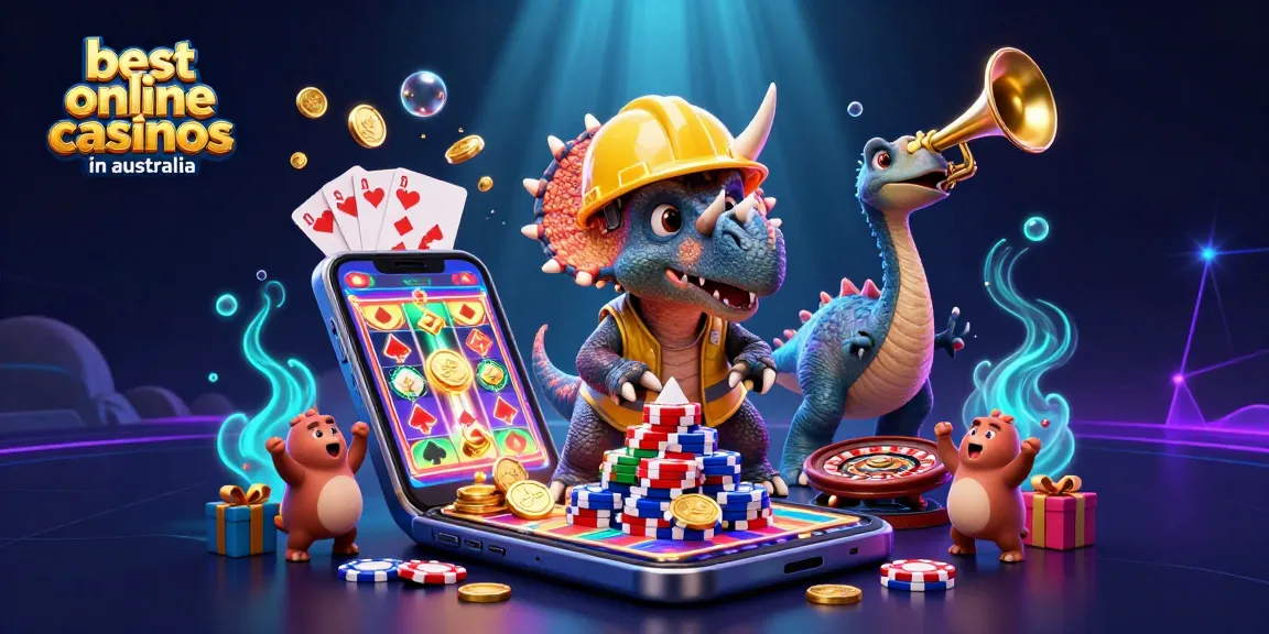 Best online casinos in Australia illustration featuring dynamic casino elements and vibrant characters.