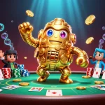 Experience thrilling moments at open88 with a 3D cartoon golden golem amidst poker chips and casino elements.