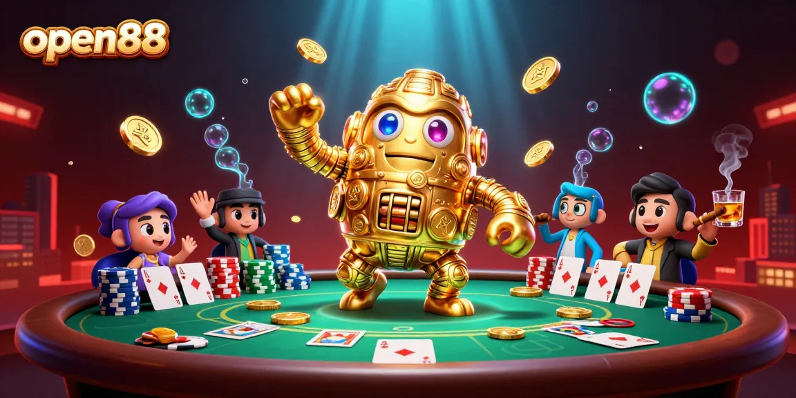 Experience thrilling moments at open88 with a 3D cartoon golden golem amidst poker chips and casino elements.