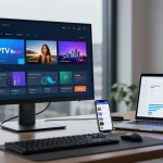 IPTV reseller dashboard displaying software analytics, supporting mobile device integration and advanced cloud technology.