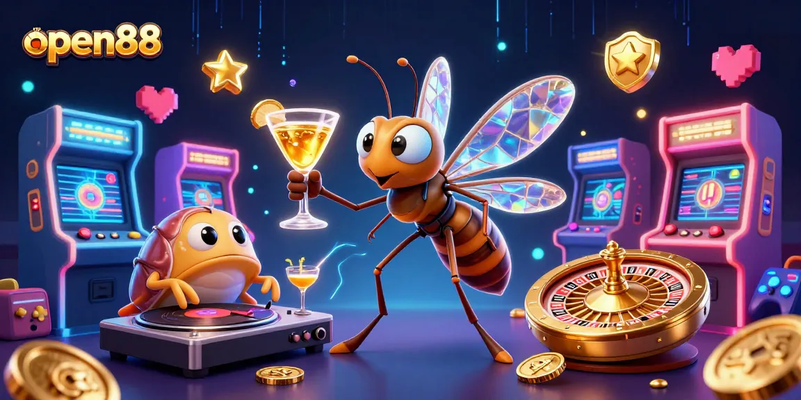 Engage with open88's lively 3D cartoon scene featuring casino elements, games, and colorful characters.