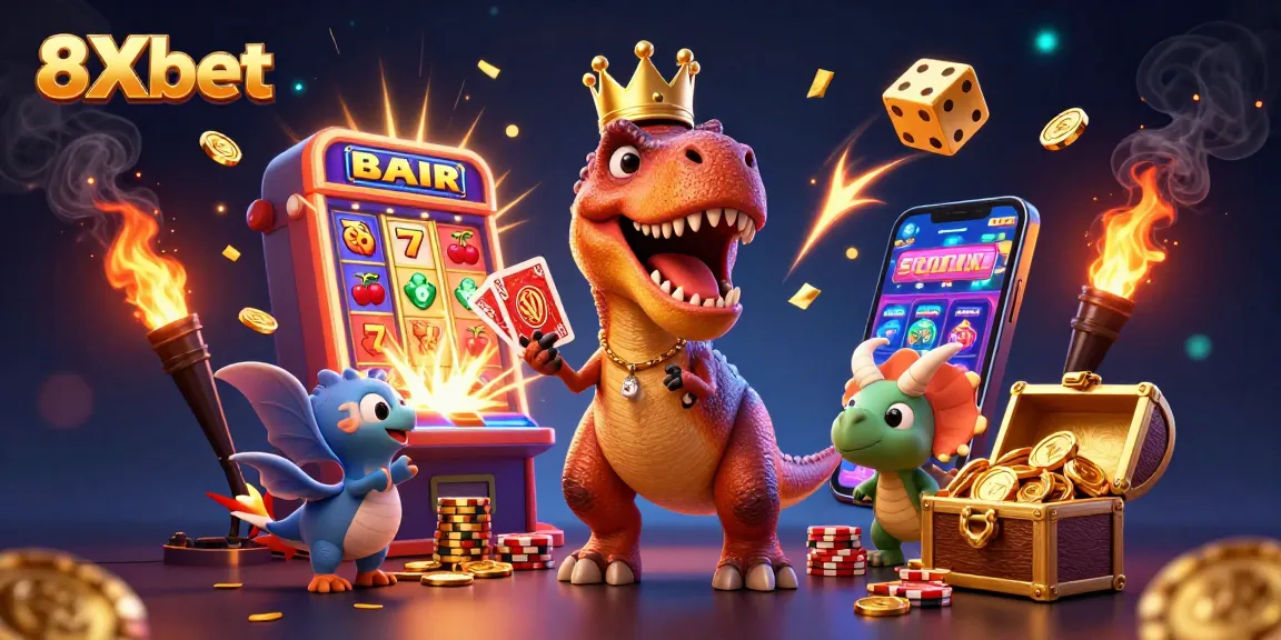 Experience 8Xbet’s vibrant gaming scene featuring a T-Rex dealing cards with stunning casino visuals.