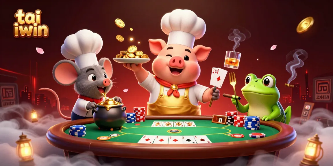 Tai iwin showcases a chef pig serving gold coins and poker elements in a vibrant casino scene.