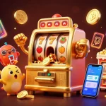 Dhani win showcases a golden slot machine hitting the jackpot amidst cheering baby machines and crypto elements.