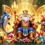 Engage with the Luck8 app in a vibrant casino scene featuring Neptune and treasures.