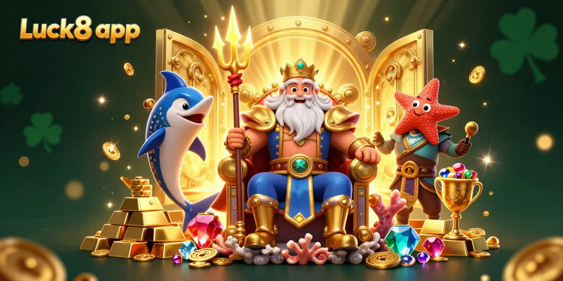 Engage with the Luck8 app in a vibrant casino scene featuring Neptune and treasures.