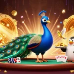 Engage in fabet poker strategies with an illustration of a peacock, penguin, and hummingbird in a vibrant casino.