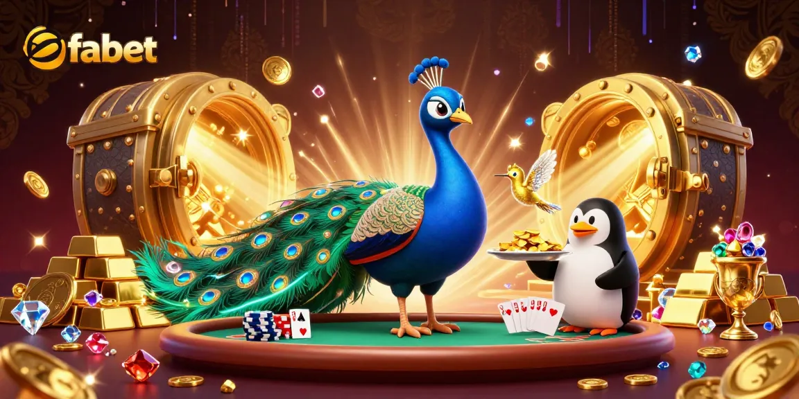 Engage in fabet poker strategies with an illustration of a peacock, penguin, and hummingbird in a vibrant casino.