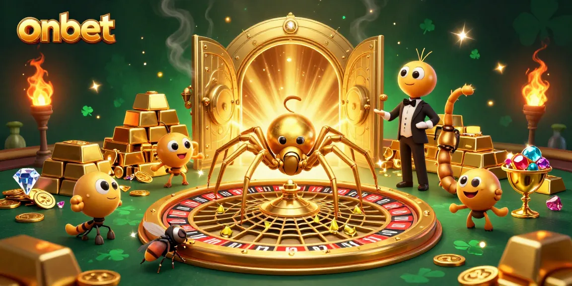 Experience betting excitement at onbet with a 3D spider and centipede in a vibrant casino scene.