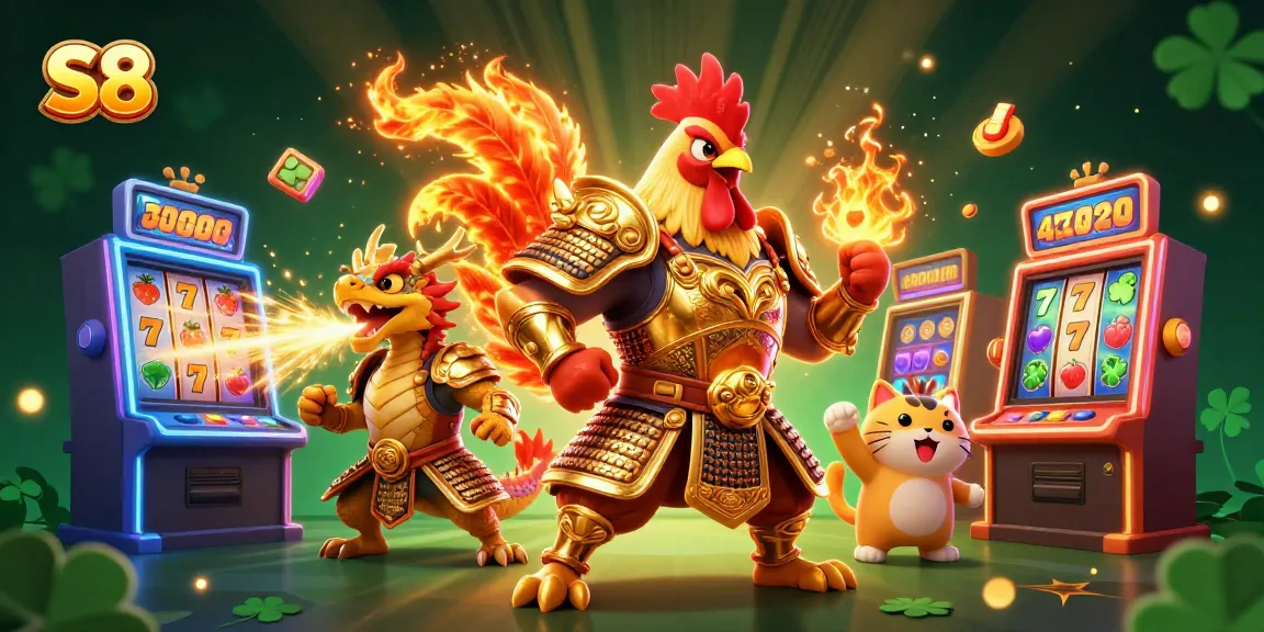 Experience S8 with a dynamic illustration of a powerful samurai rooster and dragon, surrounded by vibrant casino elements.