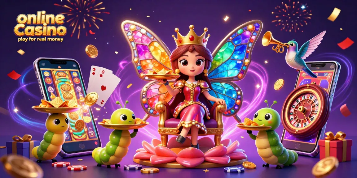 Play exciting online casino for real money with colorful pokies and chips in a dynamic 3D scene.