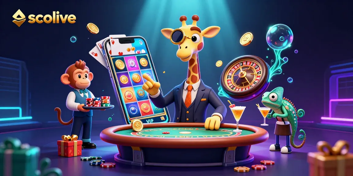 Socolive engages players with vibrant 3D illustration of VIP casino scene, featuring a giraffe at poker table.