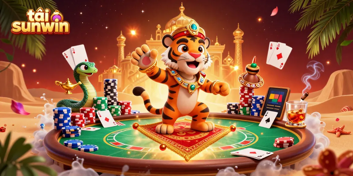 Experience the thrill of tải sunwin with a vibrant casino scene featuring a tiger sultan, poker elements, and winning vibes.