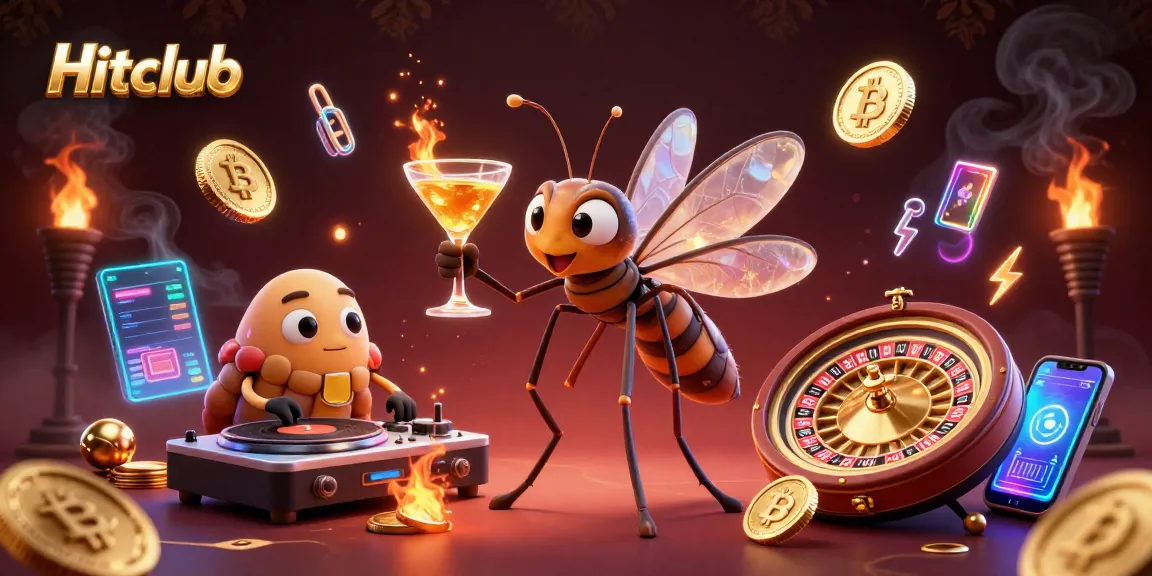 Join the excitement at Hitclub with a lively scene of casino characters and crypto elements.