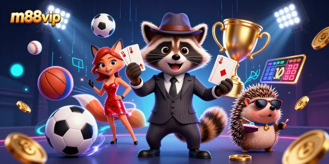 Engage with m88vip at the vibrant online casino, featuring a charismatic raccoon and dynamic gaming elements.