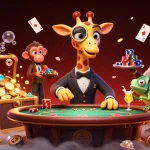Engage with uu88vip at a vibrant casino featuring a giraffe, monkey, and chameleon in a lively gaming scene.