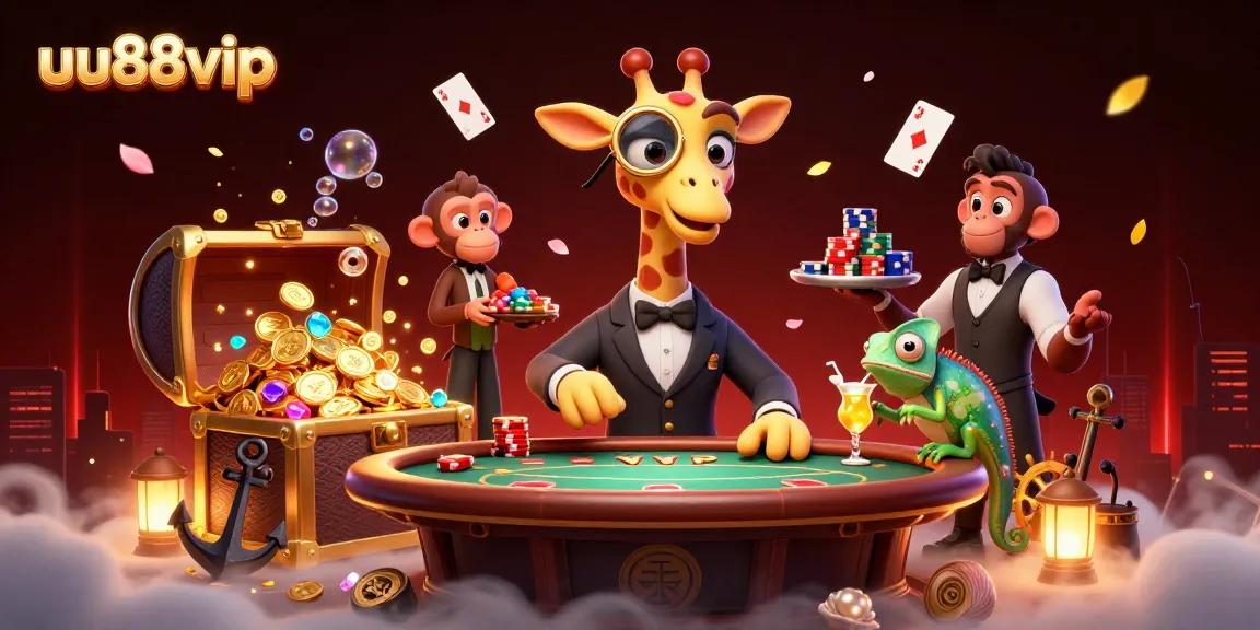 Engage with uu88vip at a vibrant casino featuring a giraffe, monkey, and chameleon in a lively gaming scene.