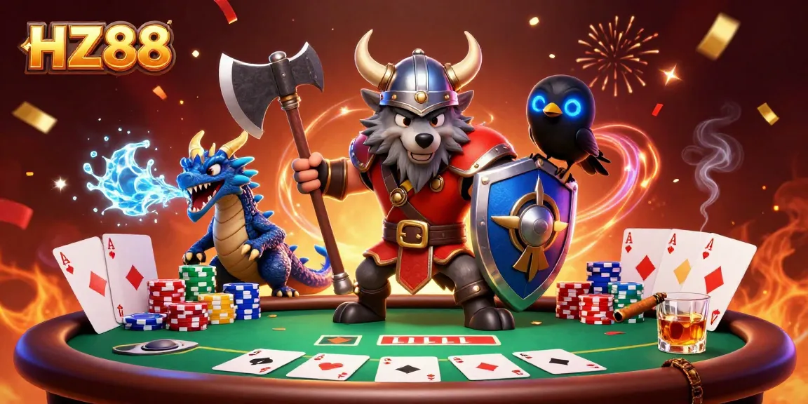 Experience epic gaming thrills at HZ88 with a dynamic illustration of a Viking wolf warrior and dragon amidst a poker scene.