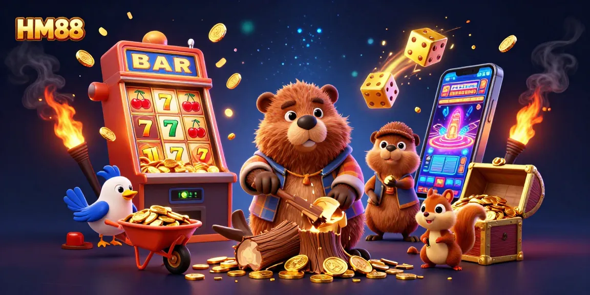 Engage with HM88's thrilling atmosphere of winning as a beaver collects gold coins under the jackpot explosion.